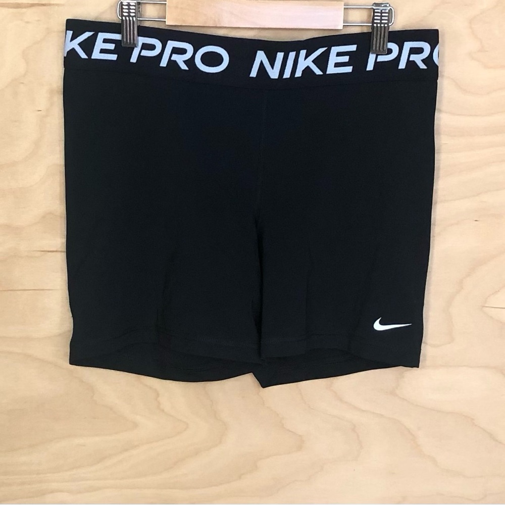 Nike Pro Black Compression Biker Shorts with White Logo Athlesure Womens L.